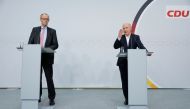 Christian Democratic Union (CDU) party's top candidate Kai Wegner (R) speaks during a joint press conference with leader of Germany's conservative Christian Democratic Union (CDU) party Friedrich Merz in the Konrad-Adenauer-Haus, headquarters for the CDU, in Berlin on February 13, 2023, one day after the repeat Berlin state elections. (Photo by Odd ANDERSEN / AFP)