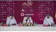 QEF President Bader Al Darwish (centre), Chairman of the Supreme Organising Committee for HH The Amir’s Sword Showjumping and Dressage Championship, Secretary-General of QEF Sheikh Ahmad bin Noah Al Thani (left) and Championship Director Ali bin Yousef Al Rumaihi at a press conference yesterday.
