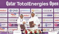 Qatar Tennis, Squash and Badminton Federation Secretary-General Tariq Zainal and QNB's Group Corporate and Institutional Banking Senior Executive Vice President Khaled Al Sada shake hands after signing the sponsorship agreement.