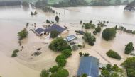 An aerial photo taken on February 14, 2023 shows flooding caused by Cyclone Gabrielle in Awatoto, near the city of Napier. Photo by AFP