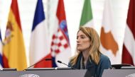 European Parliament President Roberta Metsola looks on as Latvia's President delivers a speech as part of a plenary session at the European Parliament in Strasbourg, eastern France, on February 14, 2023. (Photo by FREDERICK FLORIN / AFP)
 