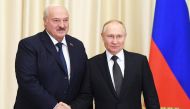 Russian President Vladimir Putin (right) meets with his Belarusian counterpart Alexander Lukashenko at the Novo-Ogaryovo state residence, outside Moscow, on February 17, 2023. (Photo by Vladimir Astapkovich / Sputnik / AFP)