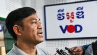 Ith Sothoeuth, media director of the Cambodian Centre for Independent Media (CCIM) which oversees VOD, speaks to media at his office in Phnom Penh on February 13, 2023, after Cambodian Prime Minister said VOD would have its operating licence revoked. (Photo by TANG CHHIN Sothy and TANG CHHIN SOTHY / AFP)