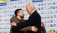 US President Joe Biden is greeted by Ukrainian President Volodymyr Zelensky during a visit in Kyiv on February 20, 2023. (Photo by Dimitar Dilkoff / AFP)