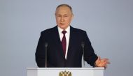 Russian President Vladimir Putin delivers his annual state of the nation address at the Gostiny Dvor conference centre in central Moscow on February 21, 2023. (Photo by Sergei Karpukhin / AFP)