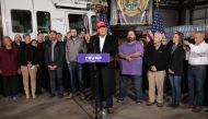 Former US President Donald Trump speaks at the East Palestine Fire Department in East Palestine, Ohio, on February 22, 2023.  (Photo by Rebecca DROKE / AFP)