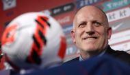 This photo taken on February 28, 2023 shows Michael Muller, chairman of the National Team Committee of the Korea Football Association (KFA), holding a press conference following the appointment of Germany's Jurgen Klinsmann as the new head coach of South Korea's national football team in Seoul. (Photo by yonhap / YONHAP / AFP) 