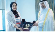 Minister of Environment and Climate Change H E Sheikh Dr Faleh bin Nasser bin Ahmed Al Thani during his meeting with Minister of Environment and Climate Change of the Federal Republic of Somalia H E Khadija Mohamed Almakhzoumi.