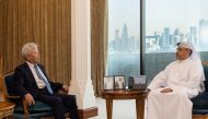  Minister of Finance H E Ali bin Ahmed Al Kuwari in conversation with the President of the Asian Infrastructure Investment Bank Jin Liqun.