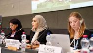 GANHRI President and NHRC Chairperson H E Maryam bint Abdullah Al Attiyah (centre) speaking during the meeting.