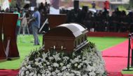 The coffin of former Ghanaian footballer Christian Atsu is seen during his funeral at the State House in Accra, Ghana, on March 17, 2023. - Atsu, 31, was caught up in a 7.8-magnitude quake that rocked Turkey and Syria on February 6, 2023 killing more than 44,000 people in both countries. (Photo by Nipah Dennis / AFP)