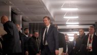 Serbian President Aleksandar Vucic arrives for his speech after meetings as part of Kosovo-Serbia talks, in Ohrid on March 18, 2023.  (Photo by Armend NIMANI / AFP)