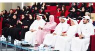 QU President Dr. Hassan Al Derham (third right); Dean of QU College of Education Sheikha Dr. Hessa bint Hamad Al Thani (fourth right); and other dignitaries during the ceremony.