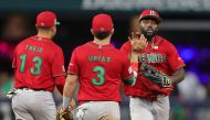 Luis Urias #3 and Randy Arozarena #56 of Team Mexico high five during the third inning against Team Mexico during the World Baseball Classic Semifinals at loanDepot park on March 20, 2023 in Miami, Florida. Megan Briggs/Getty Images/AFP