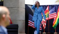 US Vice President Kamala Harris arrives to address youth gathered on Black Star square in Accra, Ghana, on March 28, 2023.  (Photo by Misper Apawu / POOL / AFP)