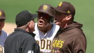 Head coach Bob Melvin argues with umpire Ron Kulpa #46 after Manny Machado #13 of the San Diego Padres was called out on a timed third strike during the first inning of a game against the Arizona Diamondbacks at PETCO Park on April 04, 2023 in San Diego, California. (Photo by Sean M. Haffey / GETTY IMAGES NORTH AMERICA / Getty Images via AFP)