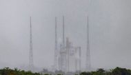 This photograph taken on April 13, 2023, shows Arianespace's Ariane 5 rocket with the interplanetary spacecraft JUICE (Jupiter Icy Moons Explorer) onboard, on its launchpad at the Guiana Space Center in Kourou, French Guiana. Photo by jody amiet / AFP