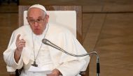 Pope Francis speaks to believers at the St Elizabeth of Hungary Church, where he meets poor people and refugees, during his visit in Budapest, Hungary, April 29, 2023. (Photo by Vincenzo PINTO / AFP)
 