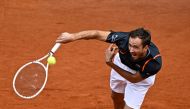 Russia's Daniil Medvedev serves the ball to Italy's Andrea Vavassori during their 2023 ATP Tour Madrid Open tennis tournament singles match at the Caja Magica in Madrid on April 29, 2023. (Photo by OSCAR DEL POZO / AFP)
