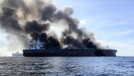 This handout photo taken on May 1, 2023 and released by the Malaysian Maritime Enforcement Agency on May 2, 2023 shows the tanker MT pablo after the vessel caught fire off Malaysia's southern coast during its journey from China to Singapore. Photo by Handout / MALAYSIAN MARITIME ENFORCEMENT AGENCY / AFP