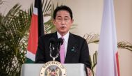Japan's Prime Minister Fumio Kishida speaks during a press conference with Kenya's President William Ruto (not seen) after their meeting at the Statehouse in Nairobi on May 3, 2023. (Photo by Yasuyoshi Chiba / AFP)