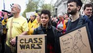 Members of the anti-monarchist group Republic stage a protest in Trafalgar Squar on May 6, 2023. (Photo by Susannah Ireland / AFP)