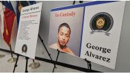 The picture of 34-year-old George Alvarez, the driver, that killed eight people and injured at least 10 when he plowed into the crowd early Sunday, is displayed by the Brownsville Police Department at a news conference in Brownsville, Texas, on May 8, 2023. (AFP)