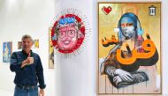 From left: Simon Mortimer with one of his artworks at his “Doha Days” paintings exhibition at Mondrian Doha; One of the artworks on display at the exhibition.