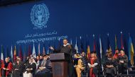Ayman Mohyeldin delivers his keynote address during the graduation. 