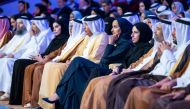 Speaker of the Shura Council H E Hassan bin Abdulla Al Ghanim (5th right), H E Sheikha Hind bint Hamad Al Thani (4th right), Ministers, and other dignitaries attending the HBKU graduation ceremony yesterday.