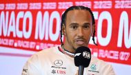 :Mercedes' British driver Lewis Hamilton attends the drivers' press conference ahead of the Monaco Formula One Grand Prix in Monaco on May 25, 2023. (Photo by ANDREJ ISAKOVIC / AFP)
