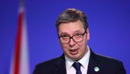(FILES) Serbian President Aleksandar Vucic makes a national statement on the second day of the COP26 UN Climate Summit in Glasgow on November 2, 2021.(Photo by HANNAH MCKAY / POOL / AFP)
 
