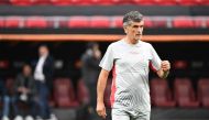 Sevilla's Spanish coach Jose Luis Mendilibar oversees a training session of his players on the eve of the UEFA Europa League final football match between Sevilla FC and AS Roma at the Puskas Arena in Budapest on May 30, 2013. (Photo by Attila KISBENEDEK / AFP)