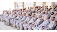 Chief of Staff of Qatar Armed Forces H E Staff Lieutenant General (Pilot) Salem bin Hamad bin Aqeel Al Nabit and other senior officers during the Al-Adheed 2023 exercise.