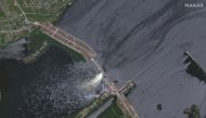 This handout satellite image courtesy of Maxar technologies shows an overview of the Nova Khakovka dam in south Ukraine, on June 5, 2023. (Photo by Satellite image ｩ2023 Maxar Technologies / AFP) 