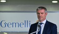 Director of the Holy See Press Office, Matteo Bruni speaks to the media on June 7, 2023 at the Gemelli hospital in Rome. (Photo by Tiziana FABI / AFP)
