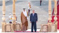 Amir H H Sheikh Tamim bin Hamad Al Thani with the President of Tajikistan Emomali Rahmon during an official reception ceremony at the Palace of the Nation in Dushanbe. 