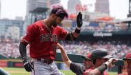Lourdes Gurriel Jr. #12 of the Arizona Diamondbacks celebrates his fifth inning three run home run with teammates while playing the Detroit Tigers at Comerica Park on June 10, 2023 in Detroit, Michigan. Gregory Shamus/Getty Images/AFP (Photo by Gregory Shamus / GETTY IMAGES NORTH AMERICA / Getty Images via AFP)