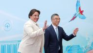 Honduran President Xiomara Castro (L) poses with Chairman of Huawei's Board of Directors Liang Hua, during her visit to Huawei Research Center in Shanghai on June 10, 2023. (Photo by CNS / AFP) / China OUT