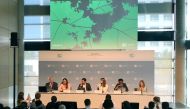 Swedish climate activist Greta Thunberg (right), Climate justice organizer from Kenya, Eric Njuguna (3rd left) and other participants address a press conference of youth activists, scientists and negotiators who call for an equitable fossil fuel phase out, in Bonn, western Germany on June 13, 2023. (Photo by Andre Pain / AFP)