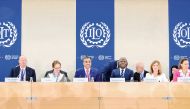 Minister of Labour and President of the 111th International Labour Conference H E Dr. Ali bin Smaikh Al Marri (third left) chairs the World of Work Summit, in Geneva, yesterday.