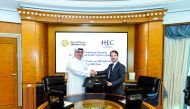 Omar Hussain Alfardan, President and CEO of Alfardan Group and Dr. Pablo Martin de Holan, Dean of HEC Paris in Qatar during the meeting to formalise the MoU.  