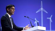 Britain's Prime Minister Rishi Sunak delivers the opening speech on the first day of the Ukraine Recovery Conference in London on June 21, 2023. (Photo by HENRY NICHOLLS / POOL / AFP)

