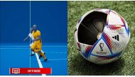 According to the modified offside rule, the above would not be considered offside until the whole body passes the last defender. 