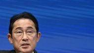 Japan's Prime Minister Fumio Kishida speaks during a press conference as part of the 29th EU-Japan Summit at The European Union Building in Brussels on July 13, 2023. (Photo by John Thys / AFP)