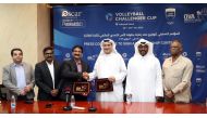 Qatar Volleyball Association (QVA) Secretary-General and the Tournament Director Youssef Ahmed Kanu (fourth left) shakes hands with Jumbo Electronics Head of Operations Ganesh Mithra during a sponsorship signing ceremony. QVA Board Member and Chairman of Marketing and Security Committee Saeed Al Hitmi (second right), Jumbo Chief Financial Officer Sudheesh Pookodan (second left), and QVA Technical Director and VCC Competition Manager Hussein Imam Ali (right) are also present. Picture by: Salim Matramkot/The Peninsula