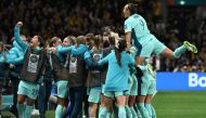  Australia's players celebrates after Australia's defender #07 Stephanie Catley (unseen) scored her team's fourth goal from the penalty kick during the Australia and New Zealand 2023 Women's World Cup Group B football match between Canada and Australia at Melbourne Rectangular Stadium. (Photo by WILLIAM WEST / AFP)