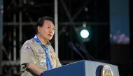 This handout photo taken on August 2, 2023 and made available by the South Korean presidential office on August 3 shows South Korea's President Yoon Suk Yeol delivering a welcoming speech during the opening ceremony of the 25th World Scout Jamboree in Saemangeum, about 180 km southwest of Seoul.