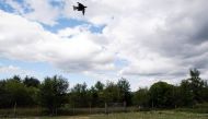 A Maremma sheep dog runs after a drone with an eagle lure attached as part on its training to protect livestock from the threat of Sea Eagles is pictured in Rothiemurchus Falconry, in Aviemore, in the Scottish Highlands, on July 26, 2023. Photo by Andy Buchanan / AFP