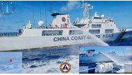 This undated handout released by the Philippine Coast Guard (PCG) on August 6, 2023 shows a China Coast Guard ship (L) releasing water cannon on a Philippine Coast Guard ship near Second Thomas Shoal during a re-supply mission on August 5. (Photo by Handout / Philippine Coast Guard (PCG) / AFP)